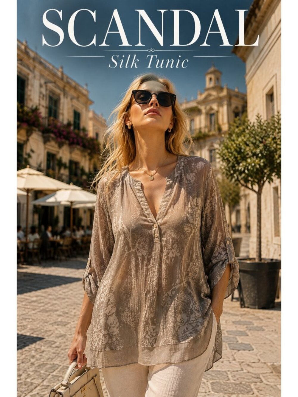 Scandal Italy Silk Tunic Blouse Medium Beige Floral Sheer Lagenlook Boho